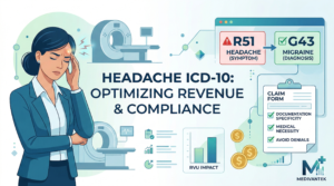 A professional infographic for Medivantek comparing R51 Headache symptom coding to G43 Migraine diagnosis coding for revenue optimization.