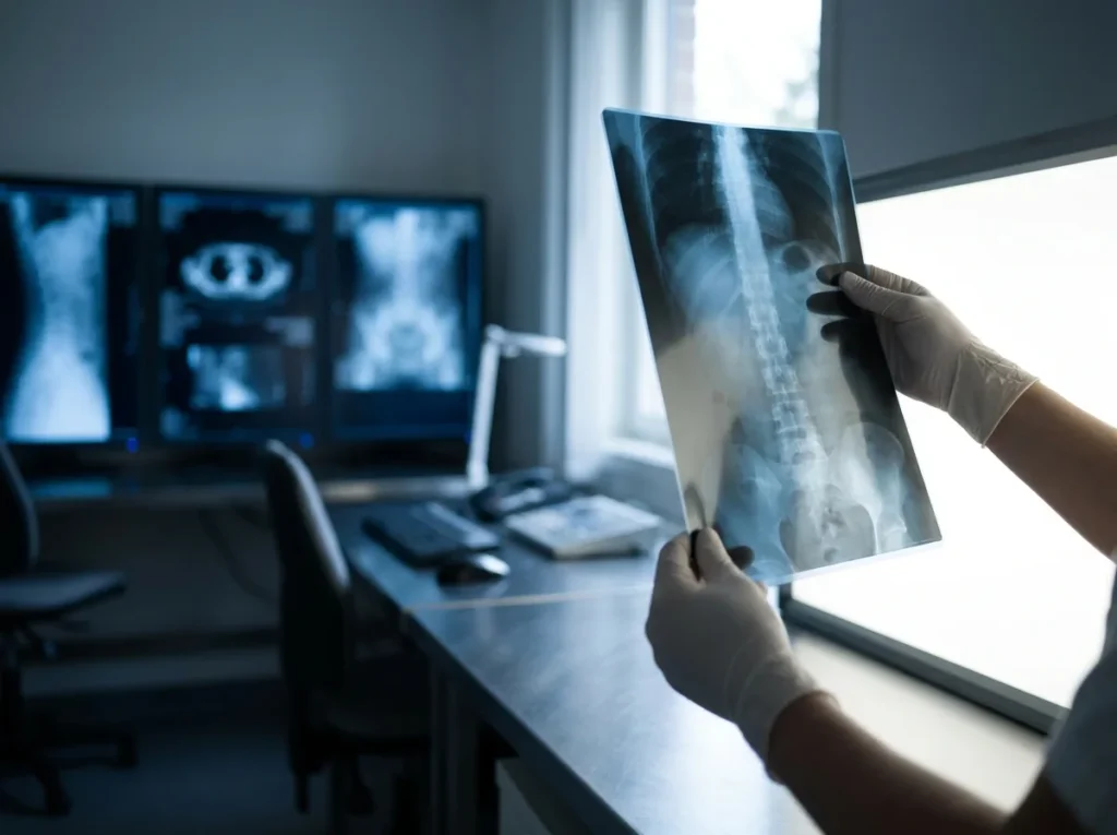Radiologist examining diagnostic images on a reading station