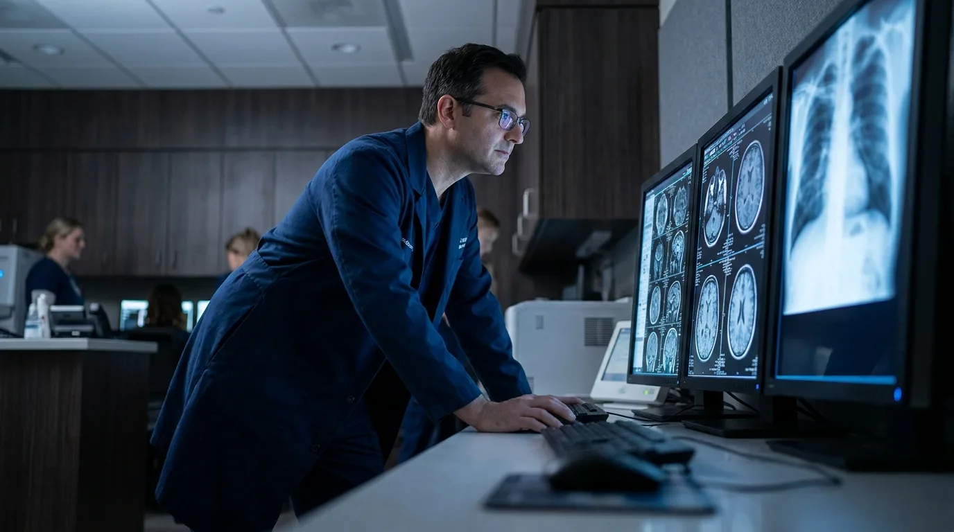 Radiologist reviewing an X-ray film at an imaging workstation