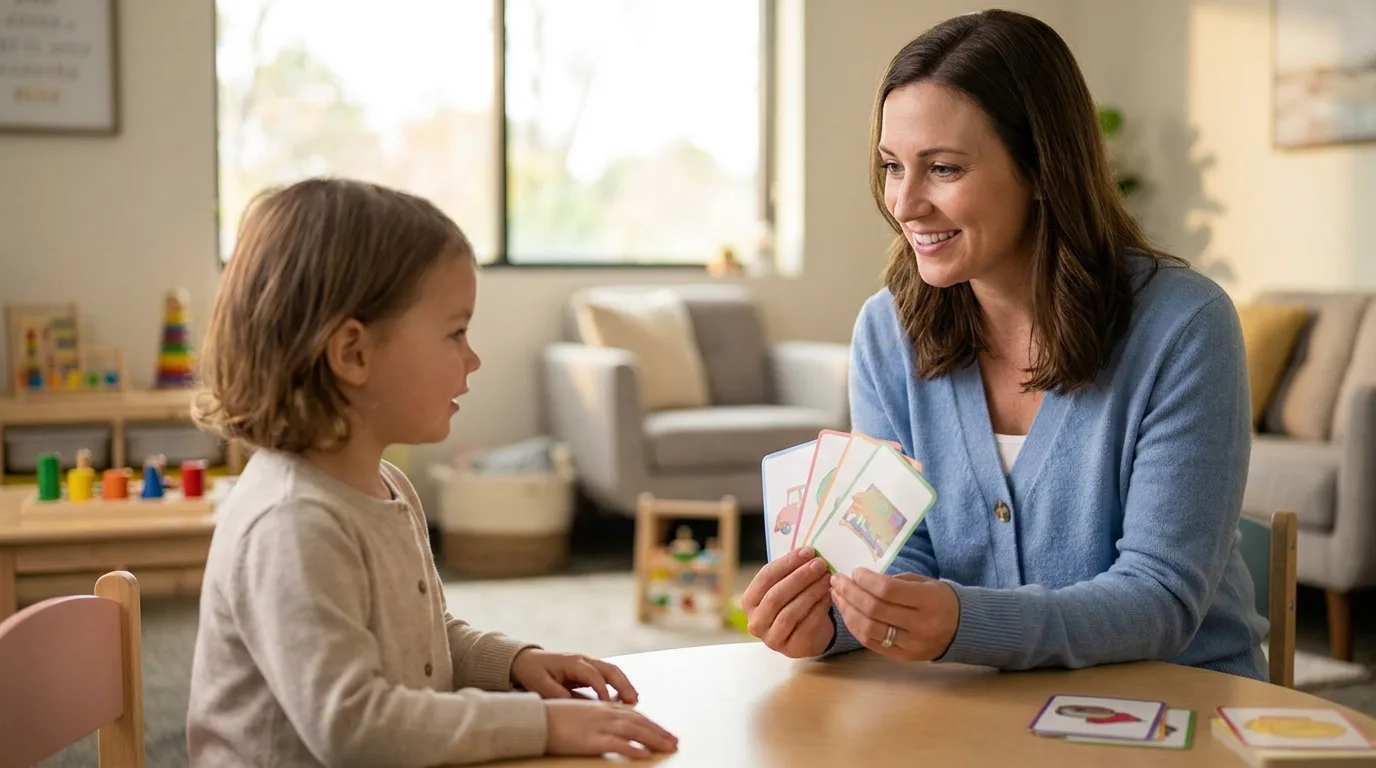 Speech-language pathologist working through picture cards with a child