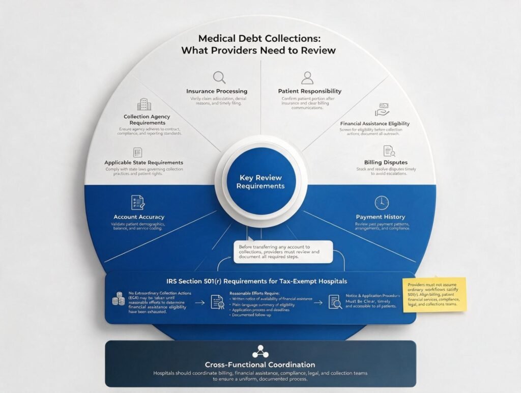 Infographic showing medical debt collections review requirements and IRS Section 501(r) compliance steps for healthcare providers