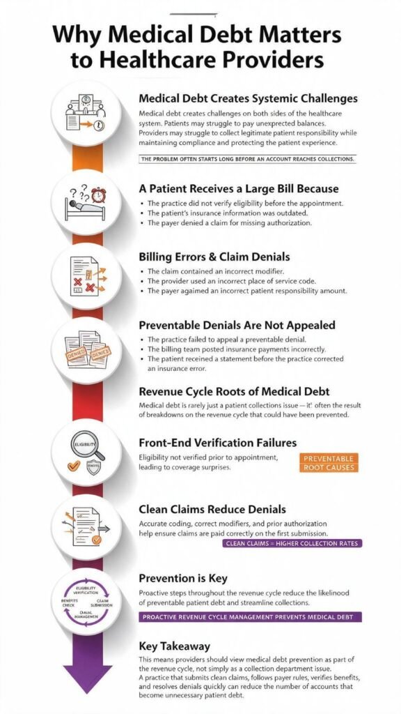 Infographic tracing how billing errors and claim denials create preventable patient medical debt through the revenue cycle