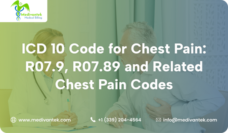 Doctor consulting an older male patient holding his chest, illustrating ICD-10 chest pain coding guide covering R07.9 and R07.89