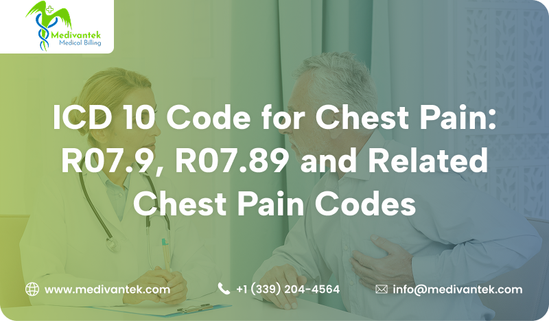 Doctor consulting an older male patient holding his chest, illustrating ICD-10 chest pain coding guide covering R07.9 and R07.89