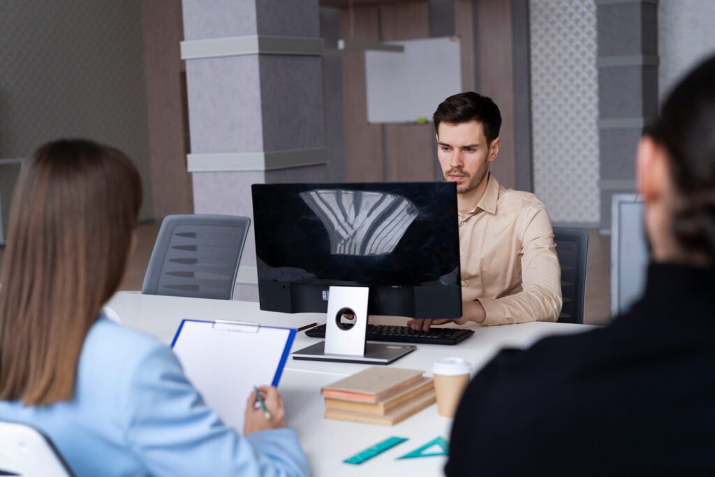 A billing team reviewing accounts receivable on screen in a meeting