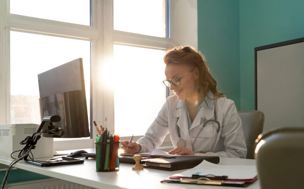 A medical coder writing notes at a sunlit desk beside a monitor