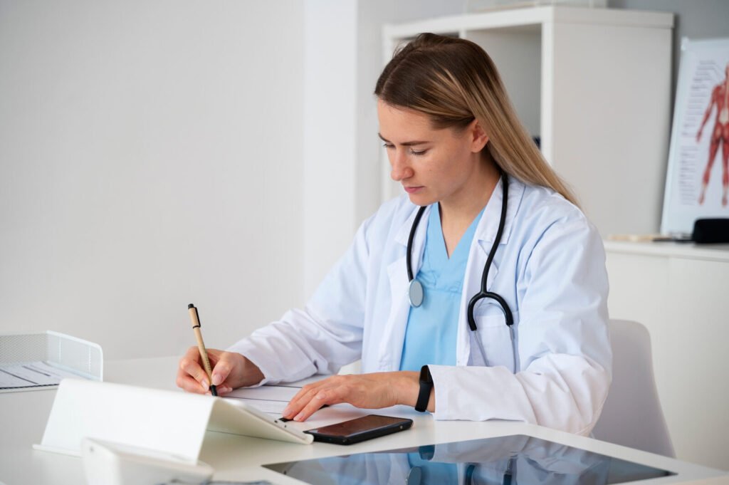A clinician writing in a patient record at a desk