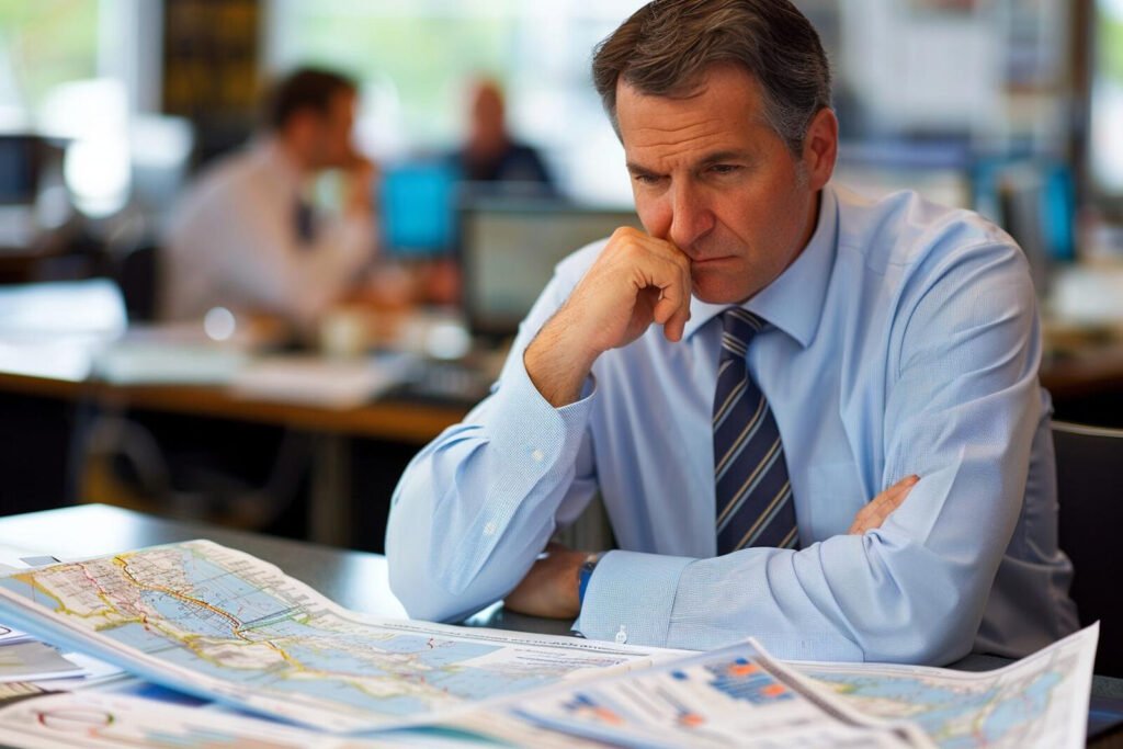 A practice manager studying spread-out printed reports at a desk