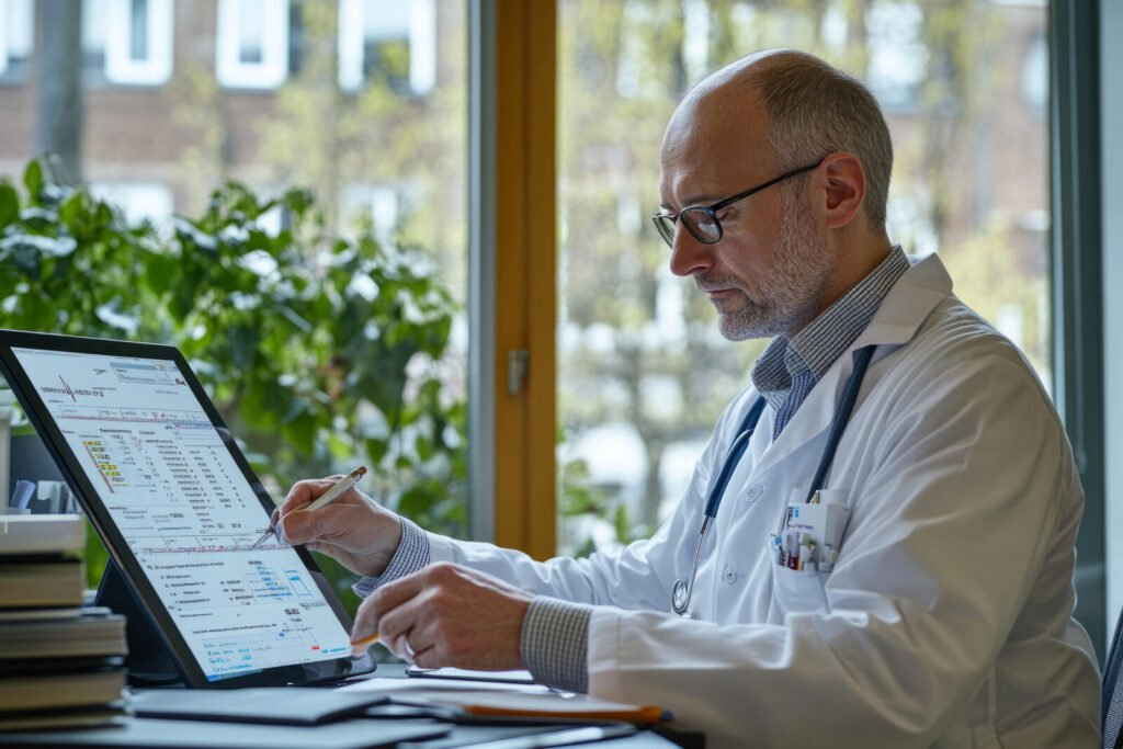 A physician writing beside a large monitor in a bright office