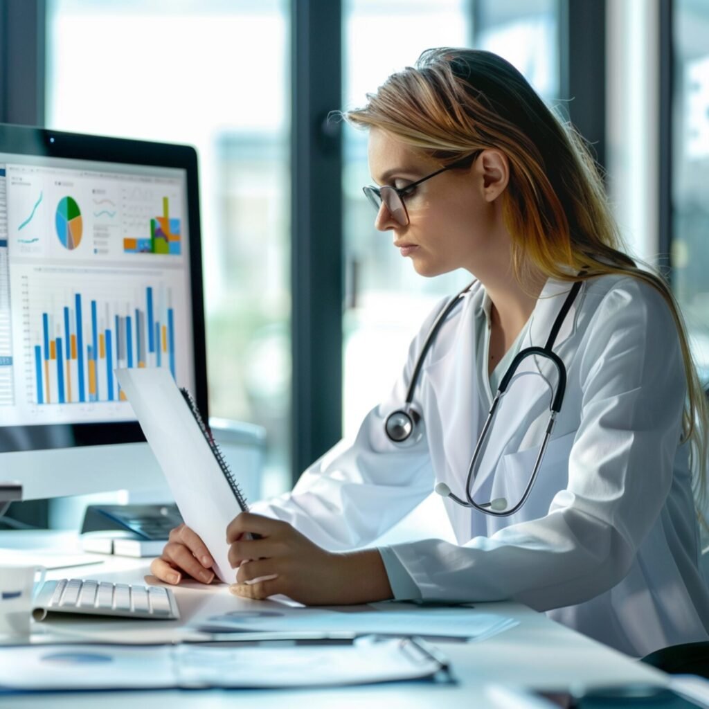 A clinician reading a report beside monitors showing billing performance charts