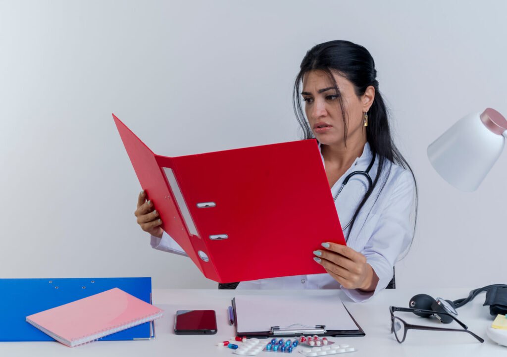 A clinician in a white coat opening a red claims folder at a desk