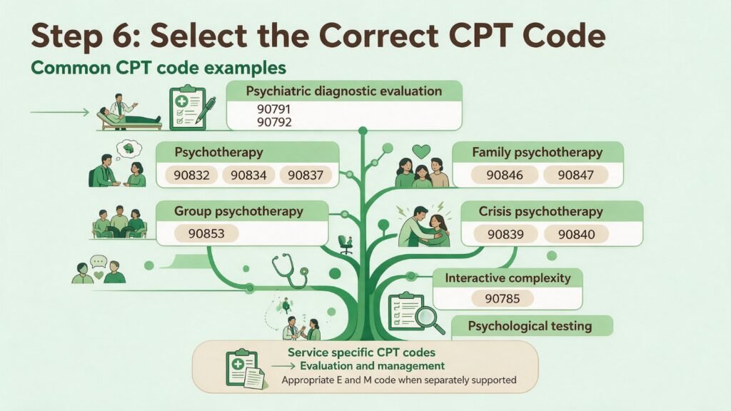 Common CPT codes for Blue Cross Blue Shield mental health billing including psychotherapy and psychiatric evaluation