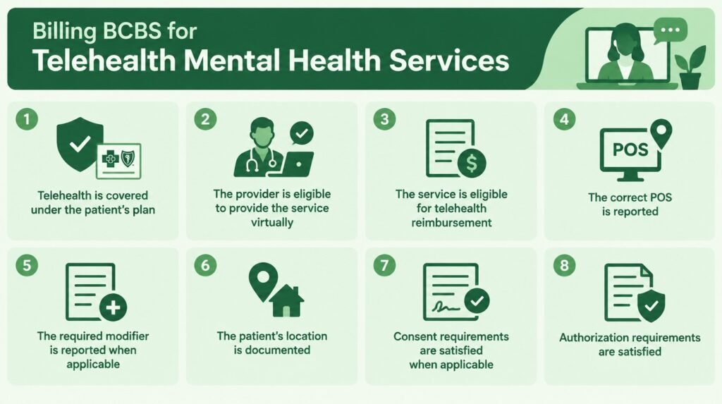 BCBS telehealth mental health billing requirements including POS, modifiers, patient location, consent, and authorization