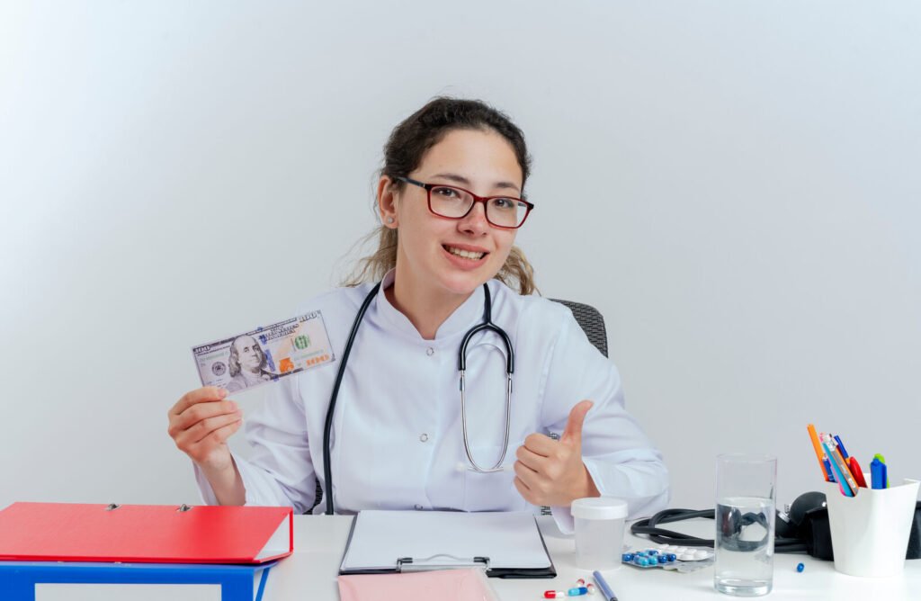 A smiling physician holding up a payment at her desk