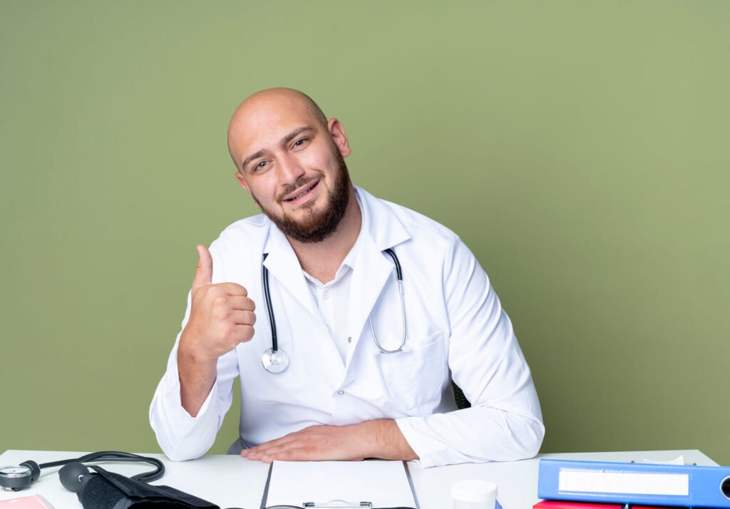 A physician giving a thumbs up at his desk