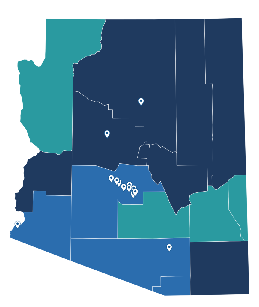 A map of Arizona counties with location pins on the cities Medivantek serves