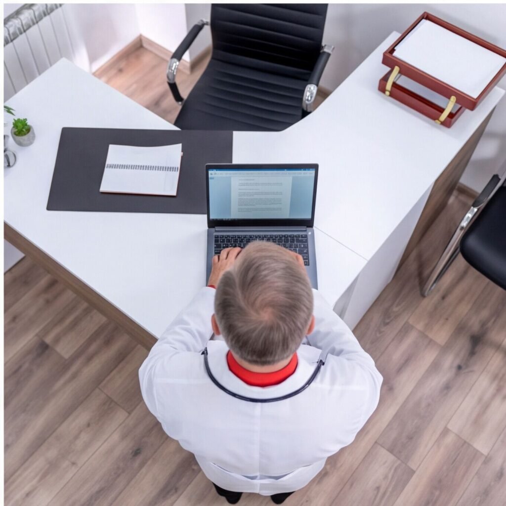 An overhead view of a physician working at a laptop on a white desk