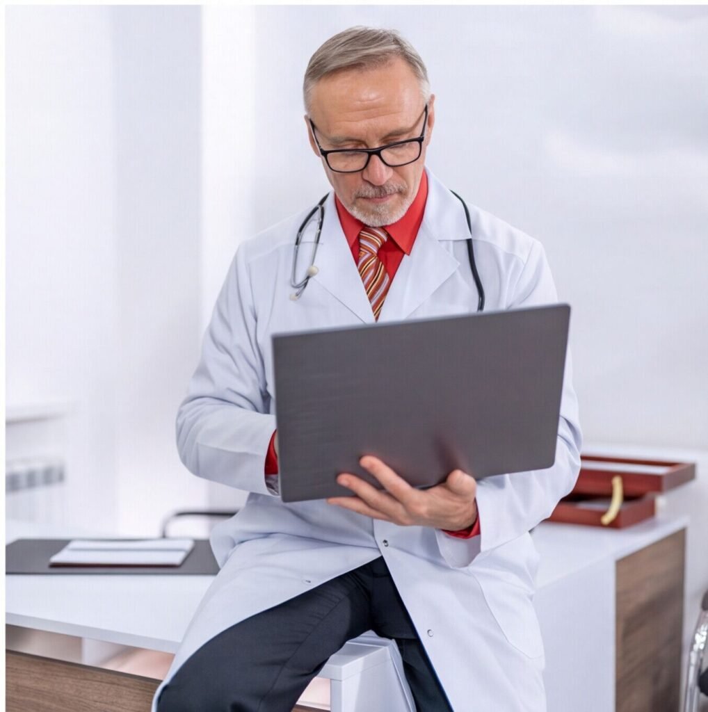 A physician in glasses reviewing billing details on a laptop