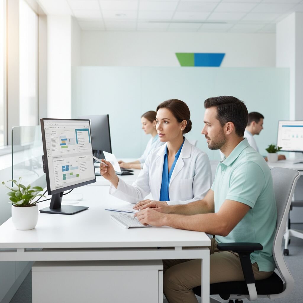 Billing staff working at computers in a bright medical billing office