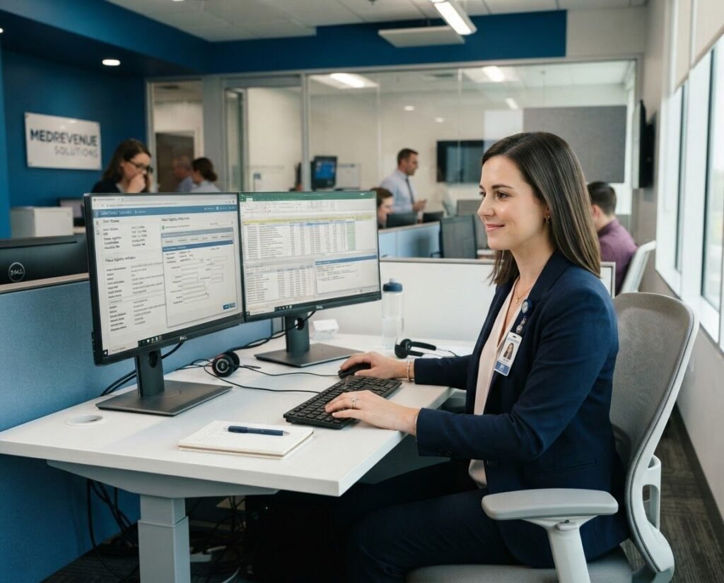 A billing specialist working across two monitors in an open office
