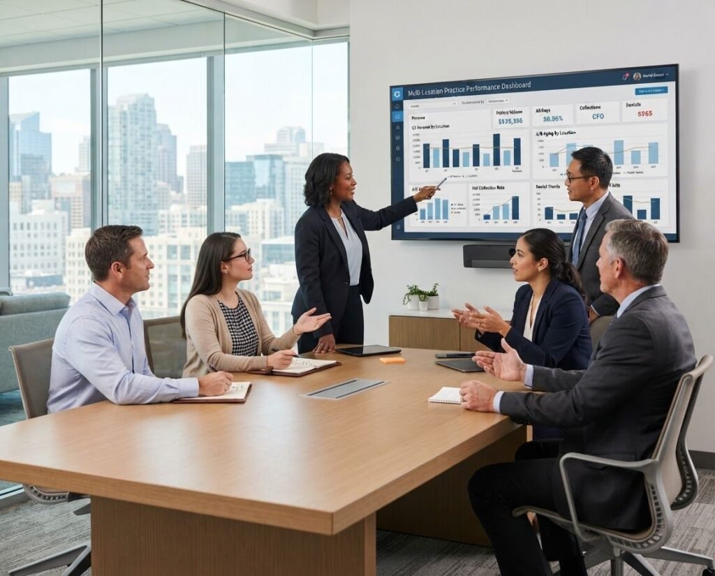 A practice team reviewing charts on a wall screen in a meeting room
