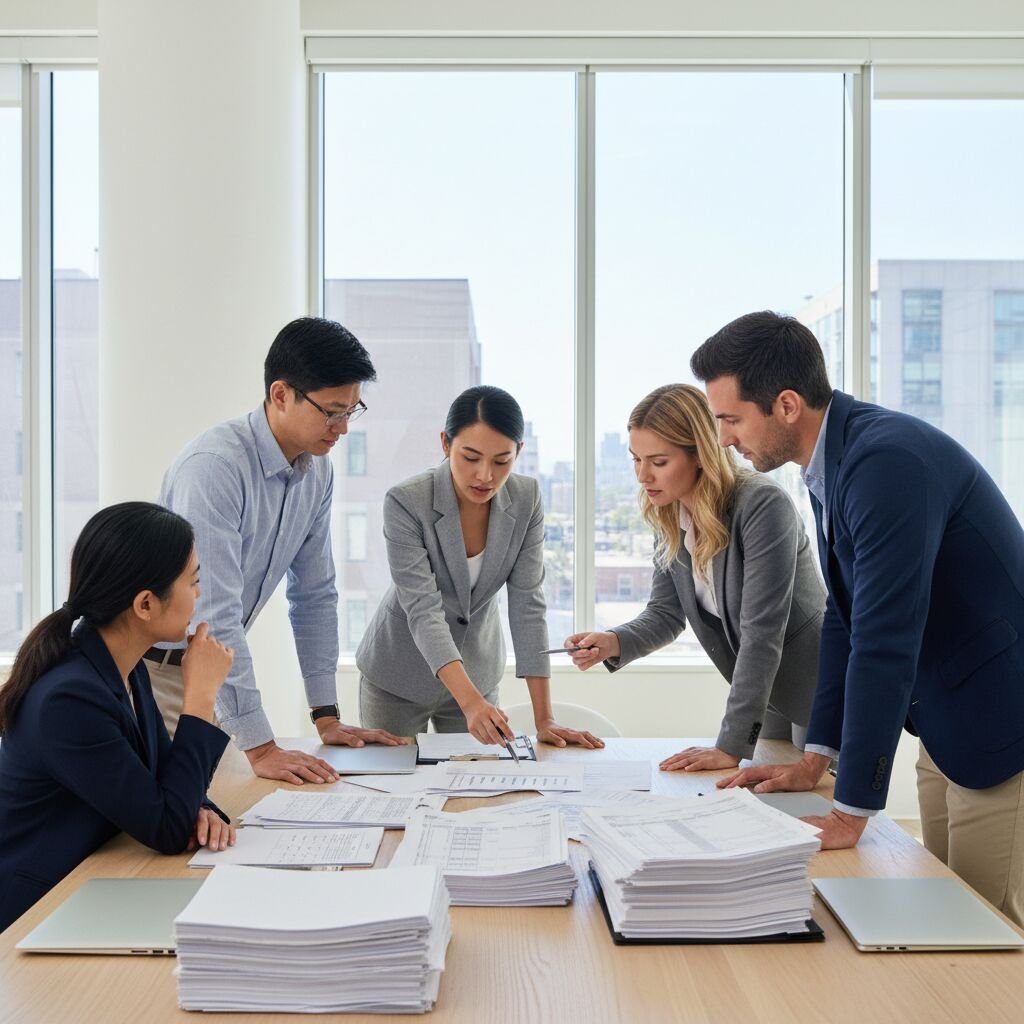 A billing team gathered around a table reviewing stacks of files