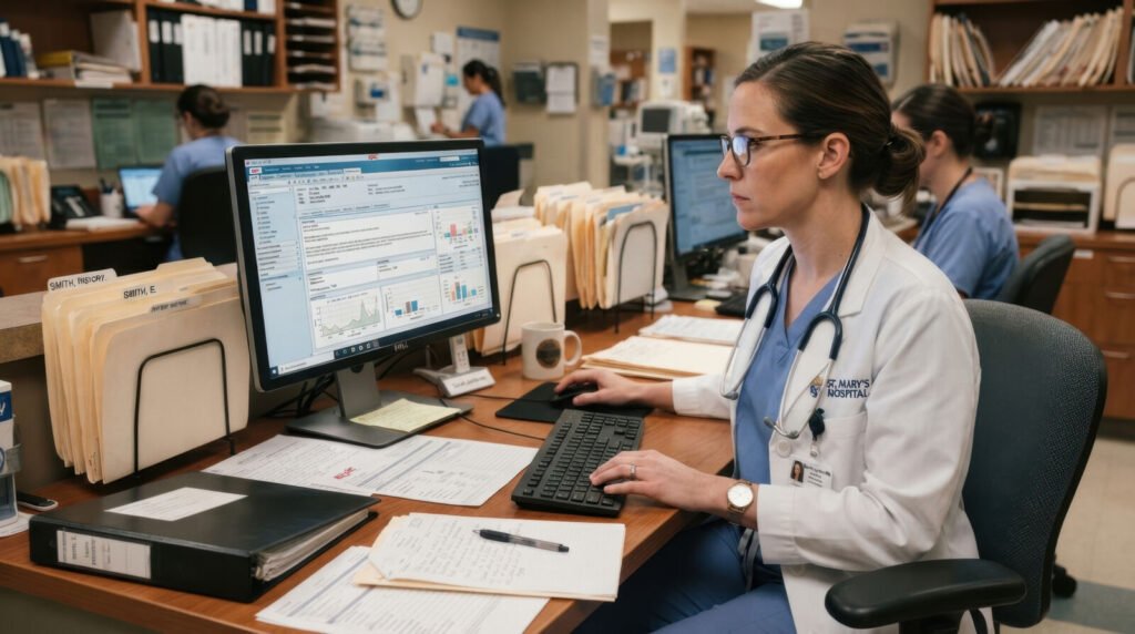 A clinician entering details into practice software beside patient files