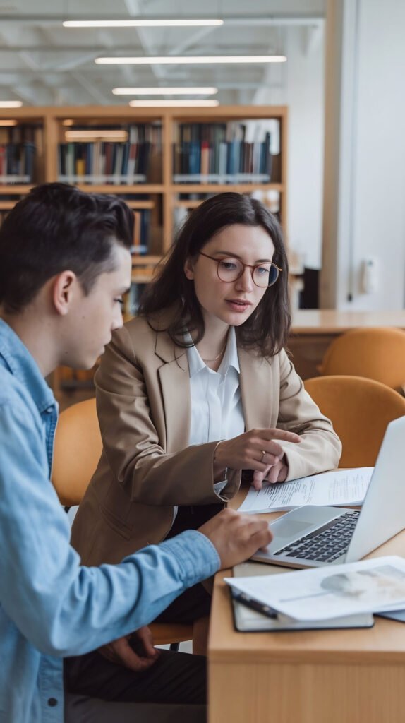 Two colleagues reviewing enrollment details on a laptop