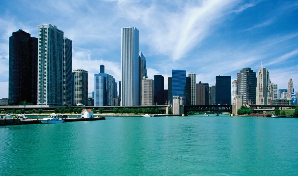 The Chicago skyline seen across the water on a clear day