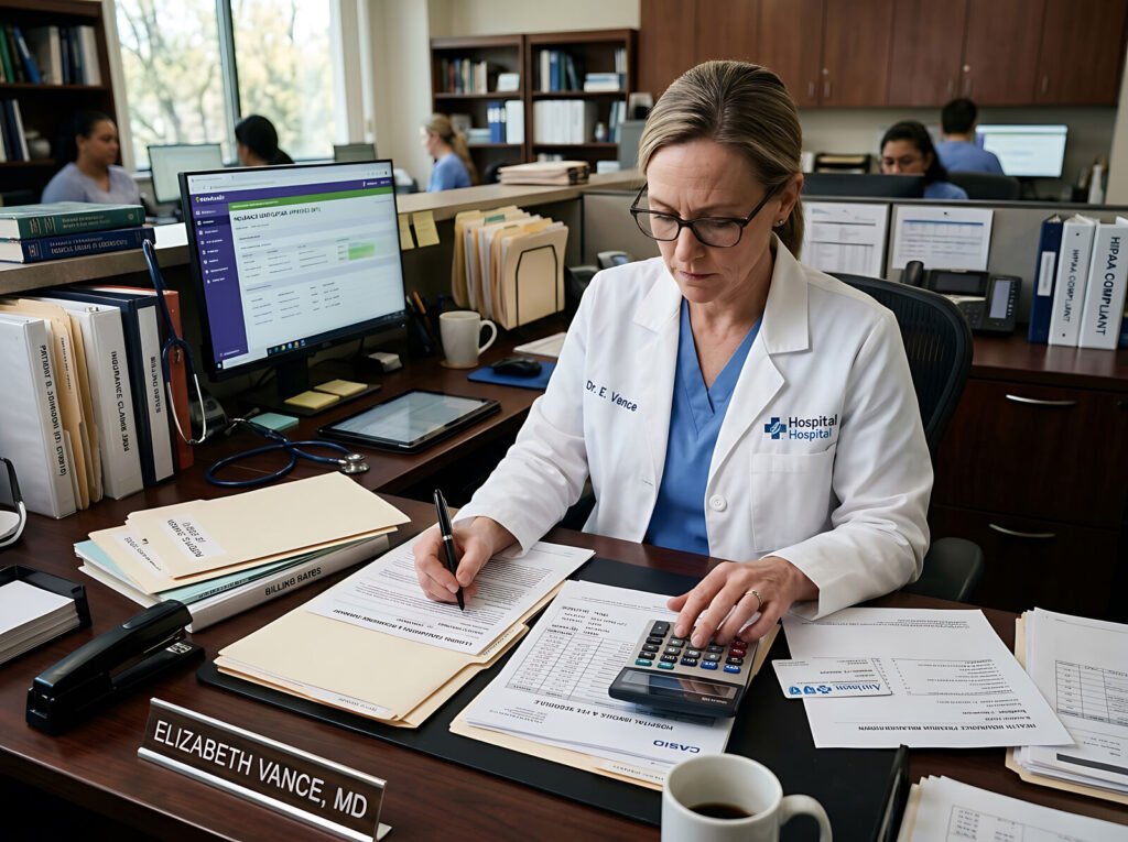 A physician working through paperwork and a calculator at her desk