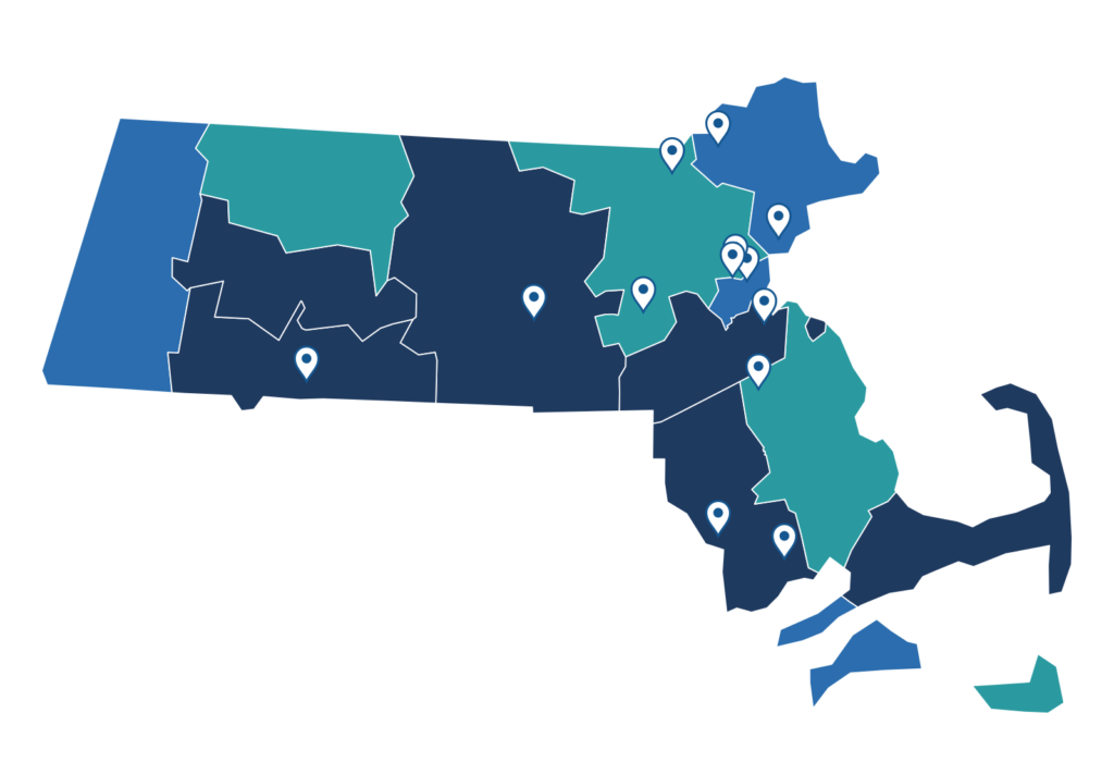 A map of Massachusetts counties with location pins on the cities Medivantek serves
