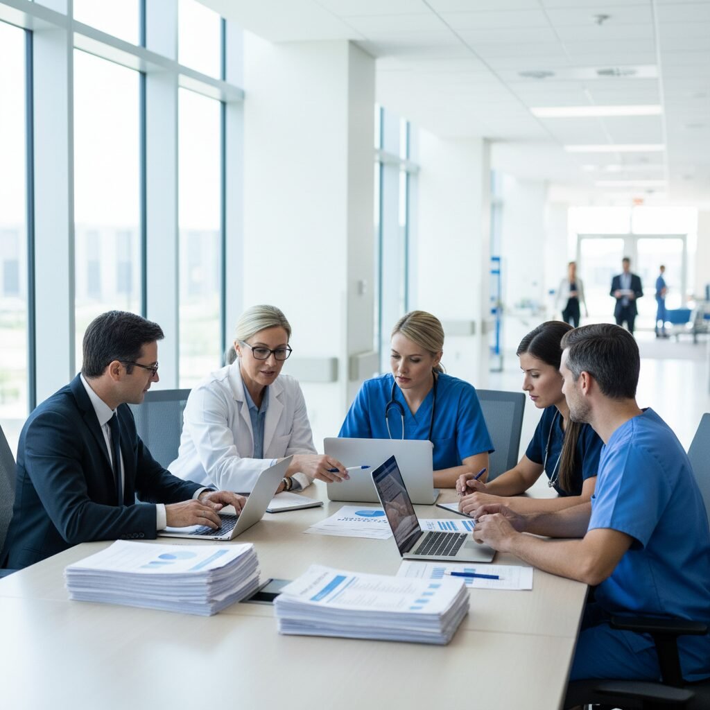 A healthcare billing team meeting around a conference table with laptops and files