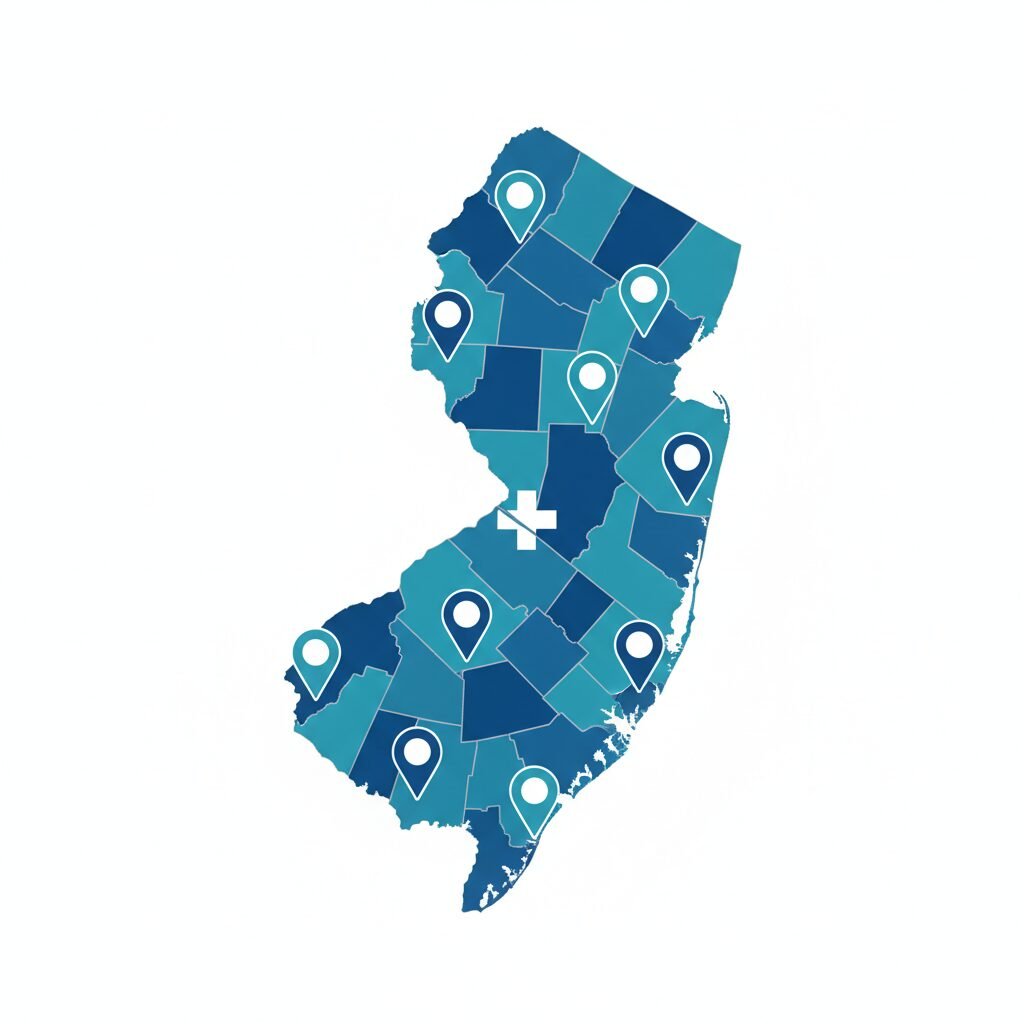 A map of New Jersey with location pins across its counties