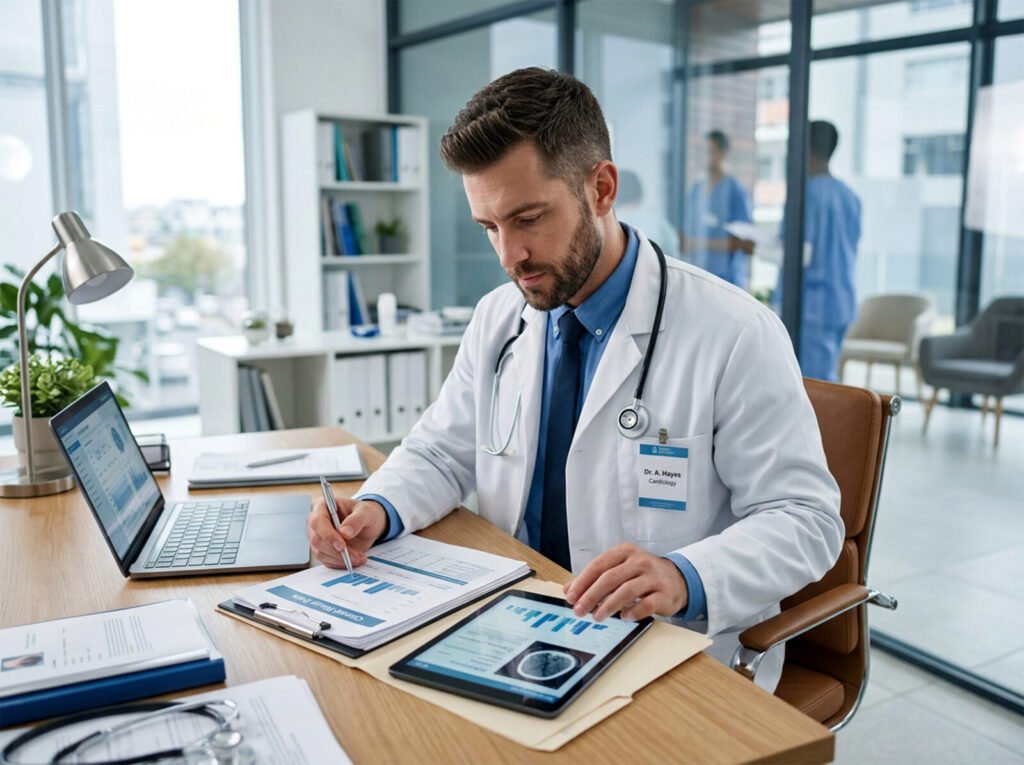 A physician writing notes beside a laptop and tablet at a clinic desk
