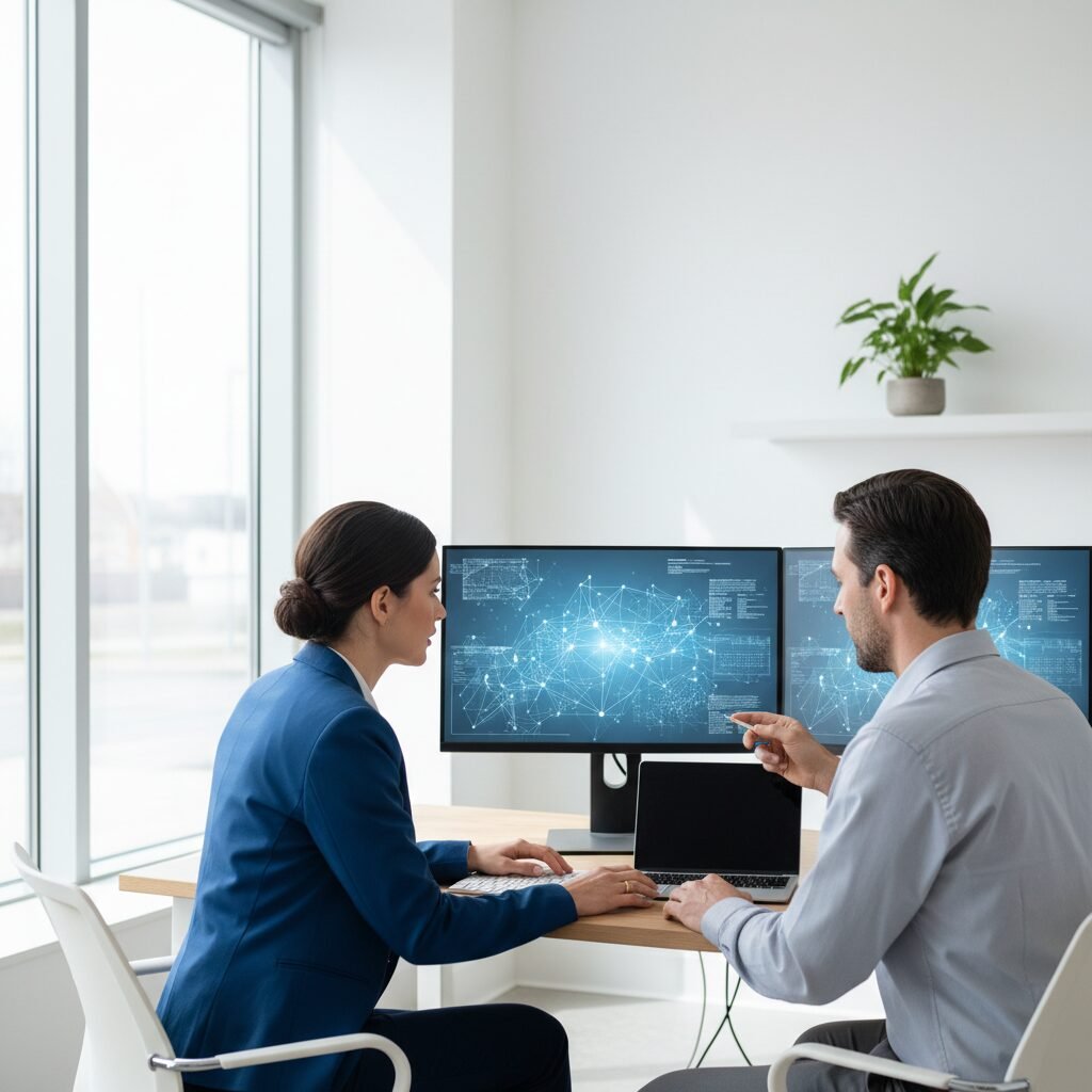 Two staff members working at a dual-monitor workstation in a bright office