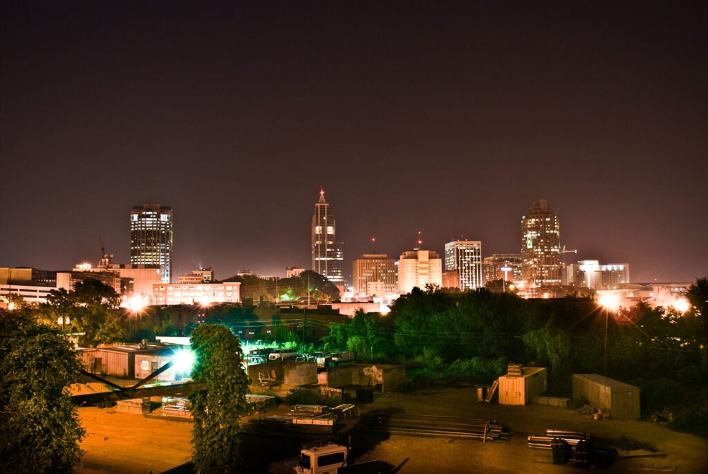 The downtown Raleigh skyline lit up at night