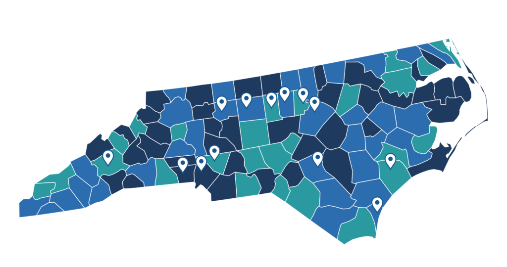 A map of North Carolina counties with location pins on the cities Medivantek serves