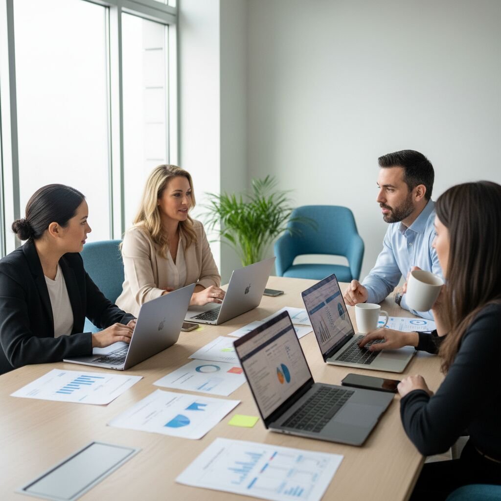 A practice team meeting around a table with laptops and printed charts