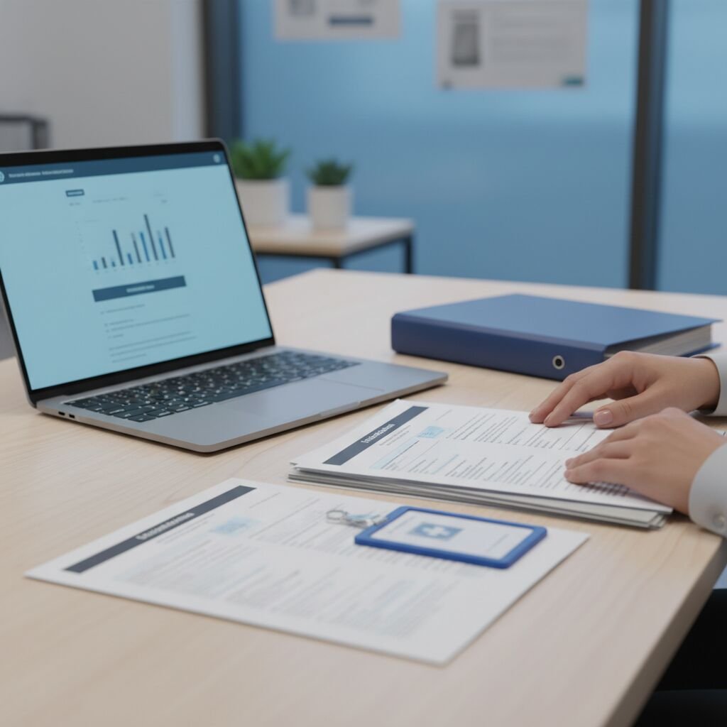 Enrollment documents and a laptop on a desk