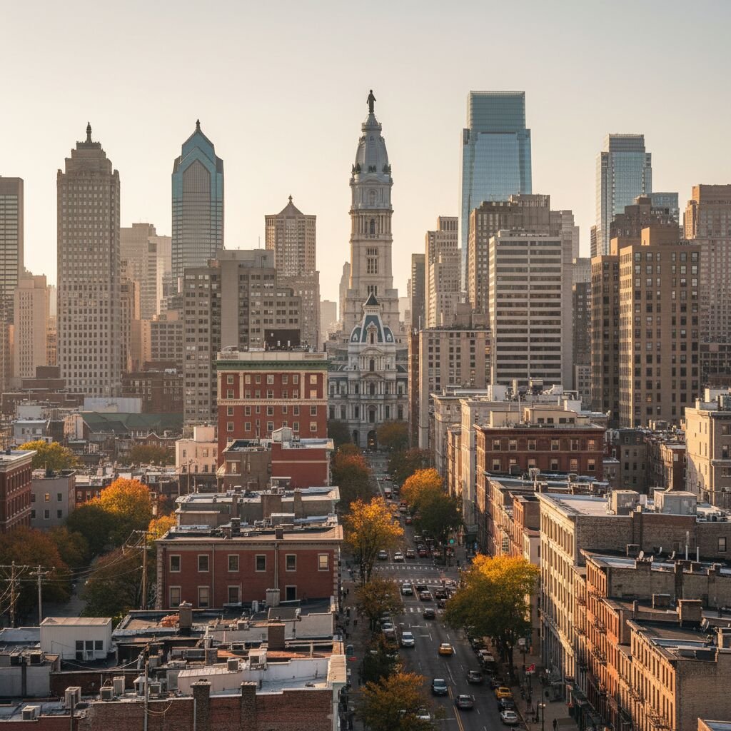 The Philadelphia skyline with the City Hall tower in warm evening light