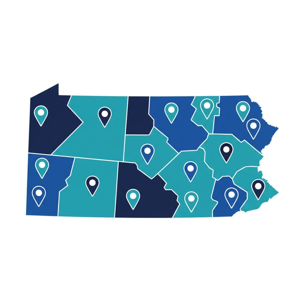 A map of Pennsylvania with location pins across its counties