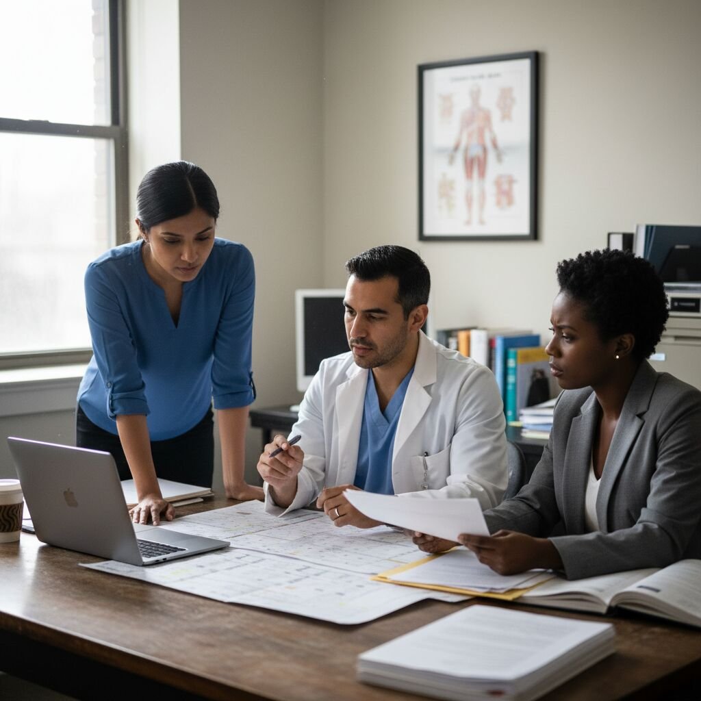 A physician and two colleagues reviewing records at a shared desk
