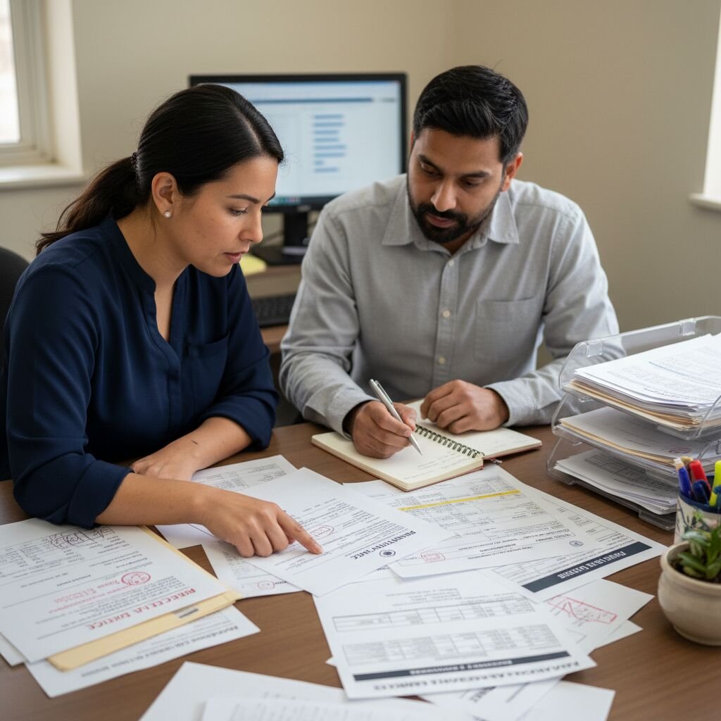 Two colleagues reviewing claim paperwork spread across a desk