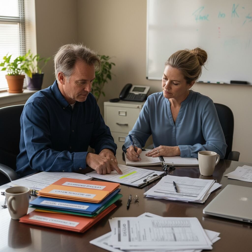 Two people working through colour-coded files at an office desk