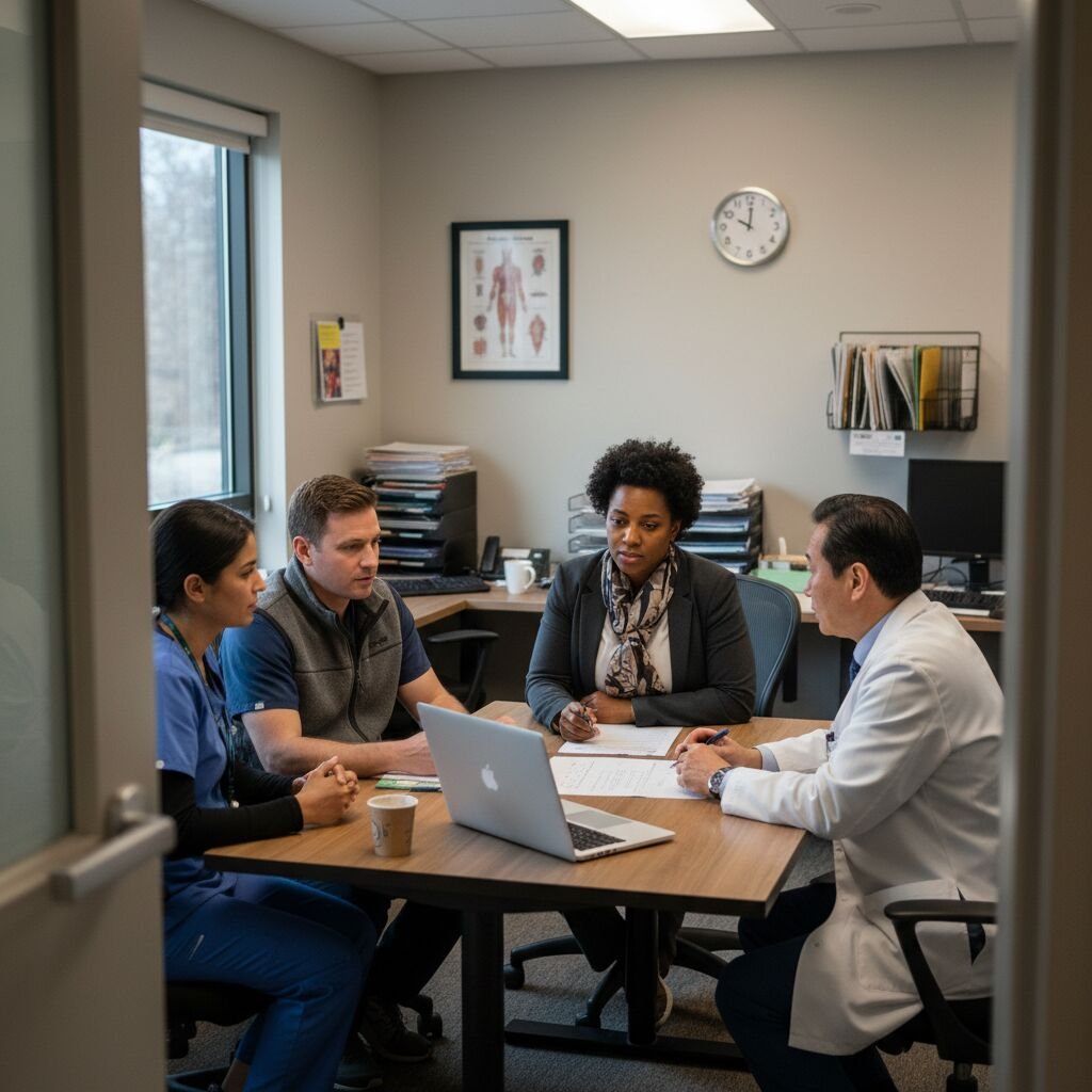 Clinicians and staff meeting around a table in a clinic office