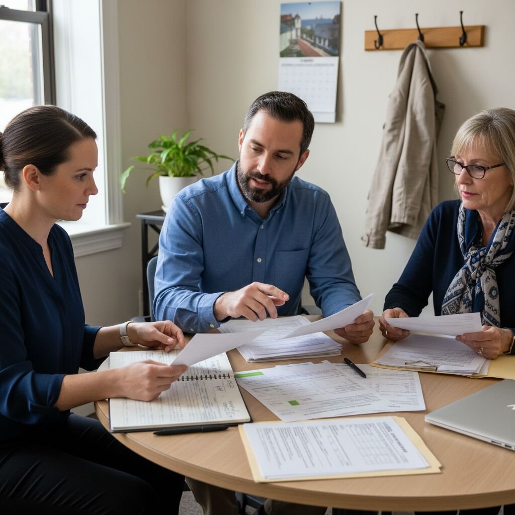 Three colleagues reviewing documents together at a round table