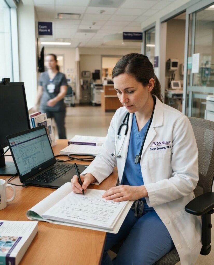 A clinician writing session notes at a desk in a busy clinic