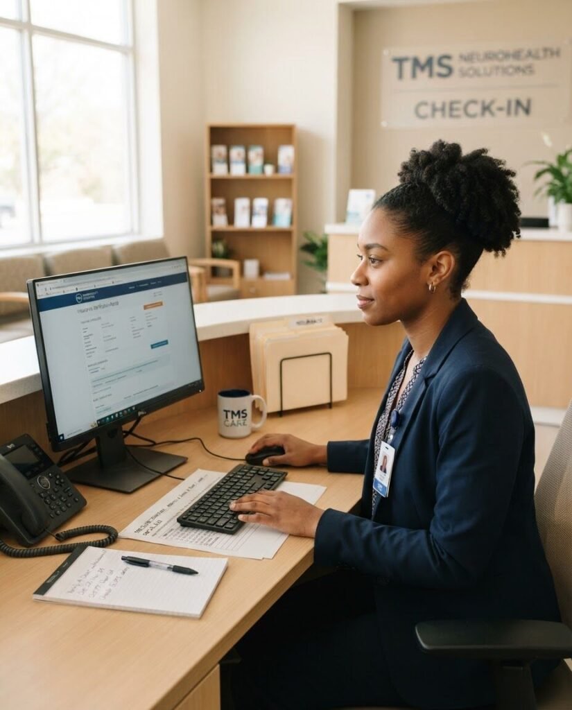 A staff member at the check-in desk of a TMS clinic working on a computer