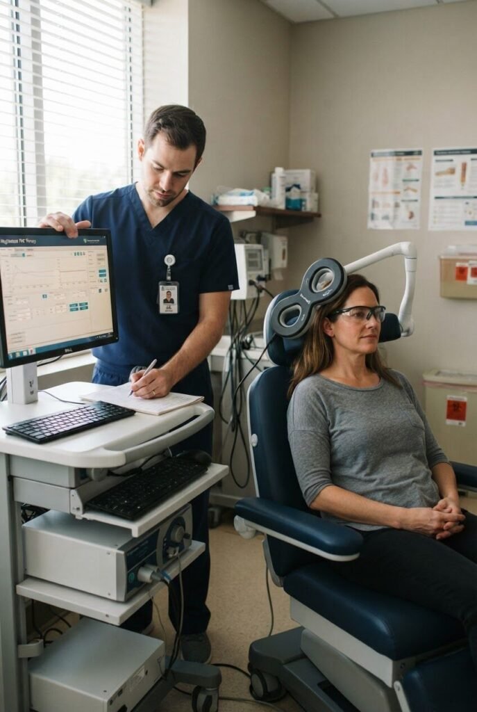A technician at a TMS device workstation beside a patient seated in the treatment chair