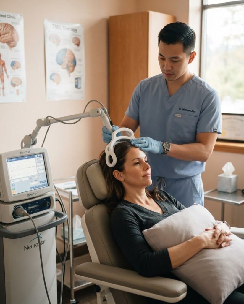 A technician positioning a TMS coil for a patient in a treatment chair